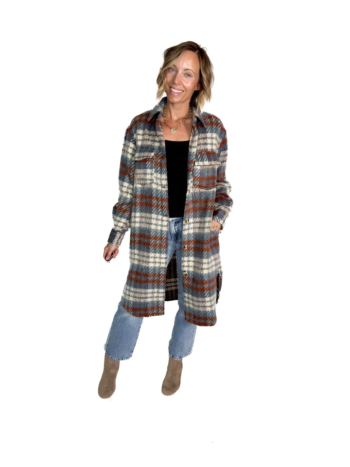 Arriane Button Down Long Plaid Coat- BLUE RUST