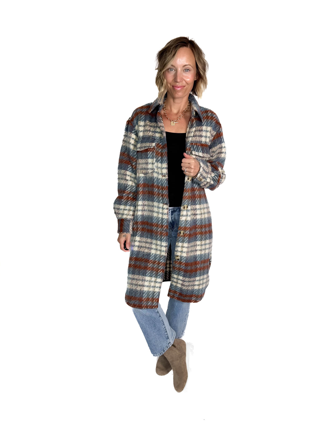 Arriane Button Down Long Plaid Coat- BLUE RUST