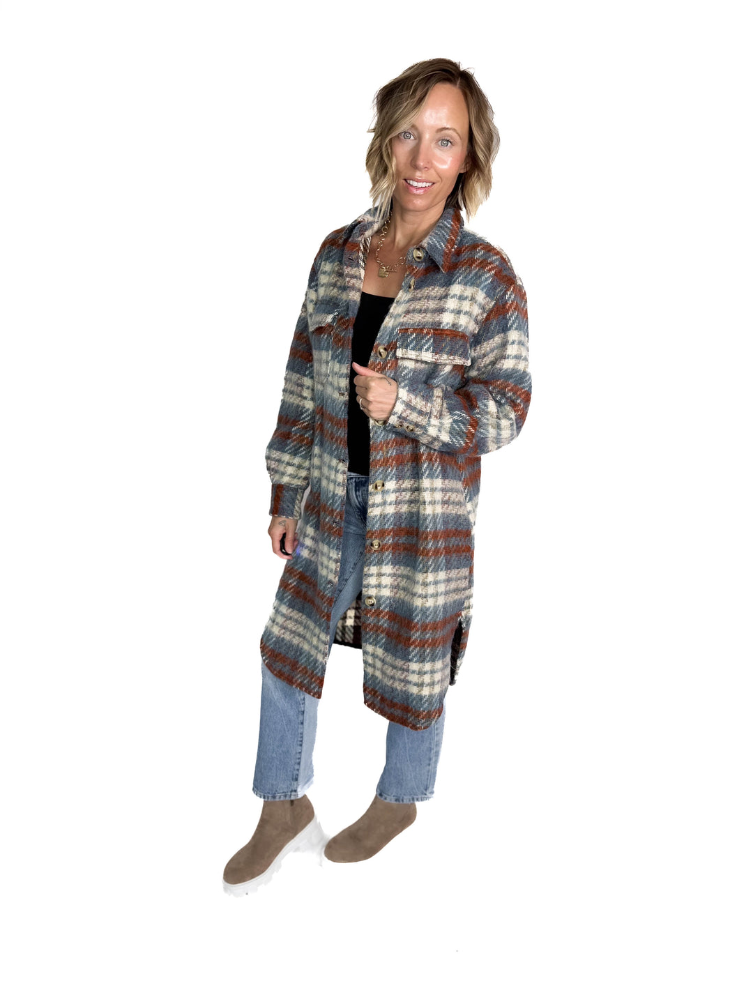 Arriane Button Down Long Plaid Coat- BLUE RUST