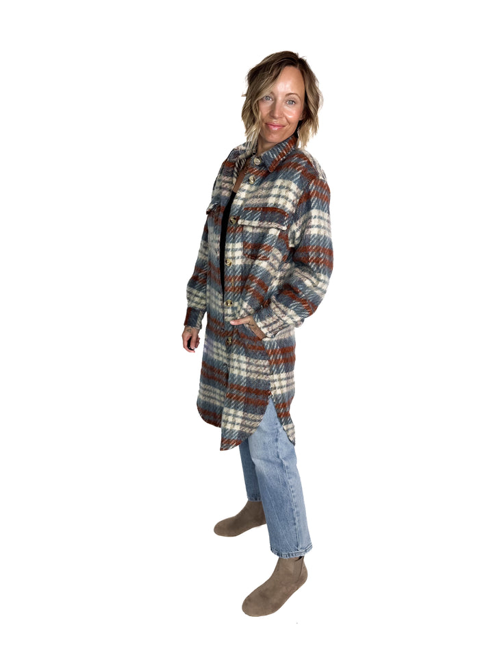 Arriane Button Down Long Plaid Coat- BLUE RUST