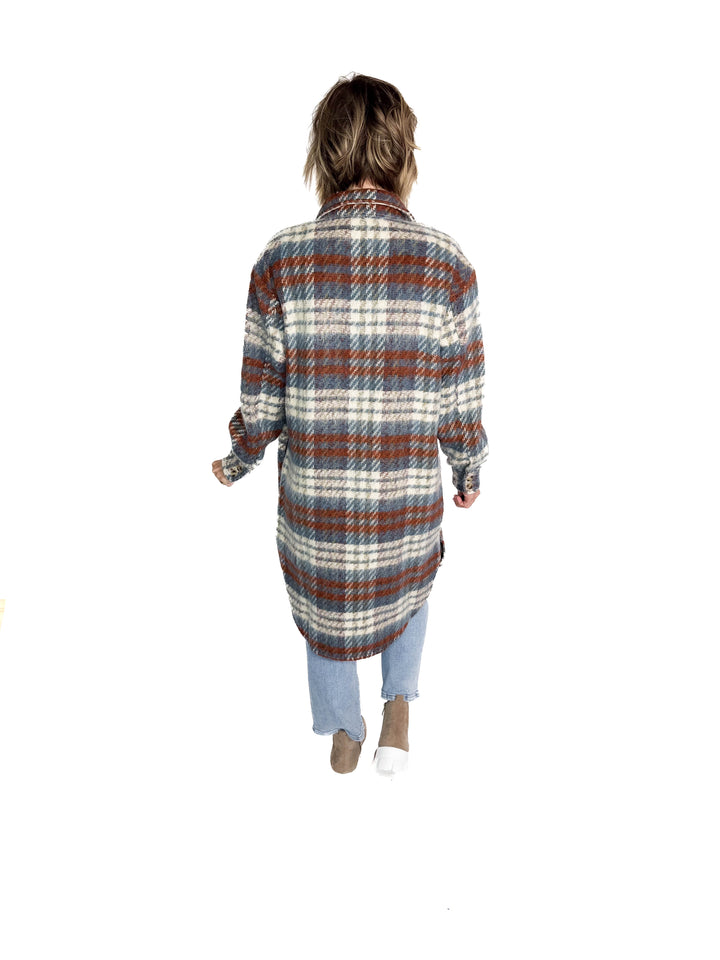 Arriane Button Down Long Plaid Coat- BLUE RUST