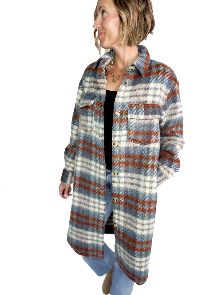 Arriane Button Down Long Plaid Coat- BLUE RUST