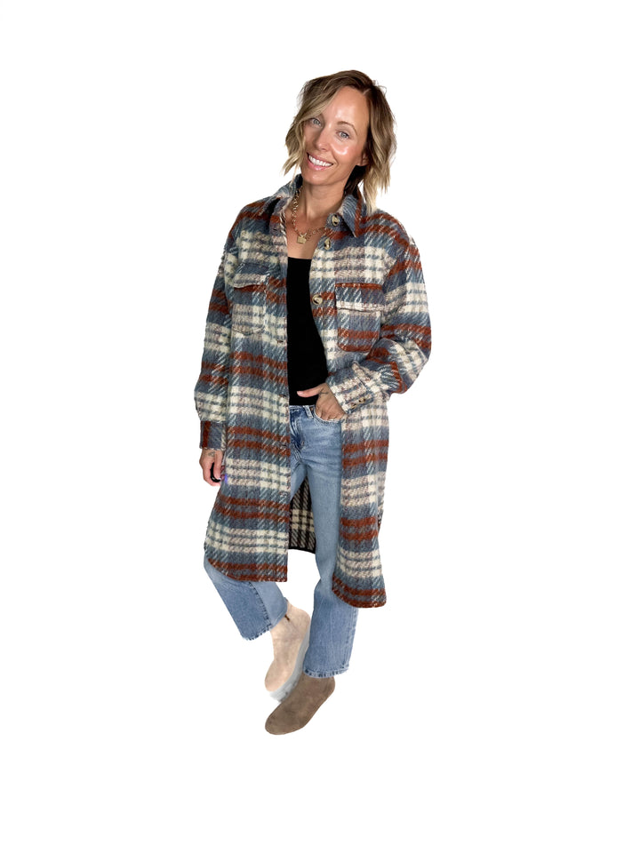 Arriane Button Down Long Plaid Coat- BLUE RUST
