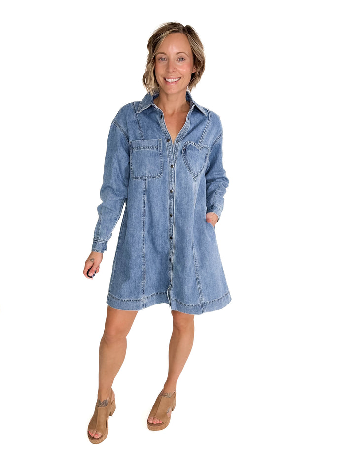 Fondness Denim Heart Pocket Shirt Dress-LIGHT DENIM-FINAL SALE