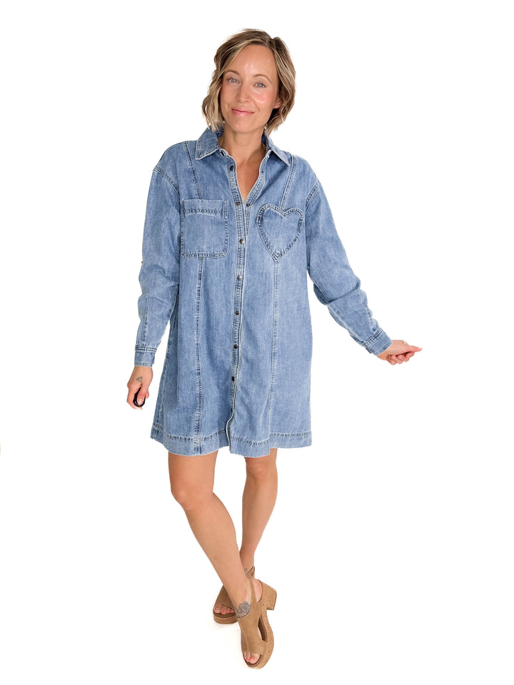 Fondness Denim Heart Pocket Shirt Dress-LIGHT DENIM-FINAL SALE