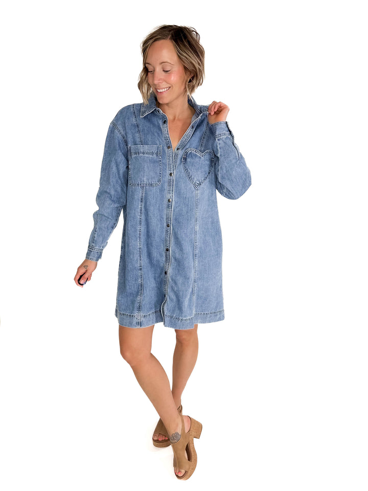 Fondness Denim Heart Pocket Shirt Dress-LIGHT DENIM-FINAL SALE