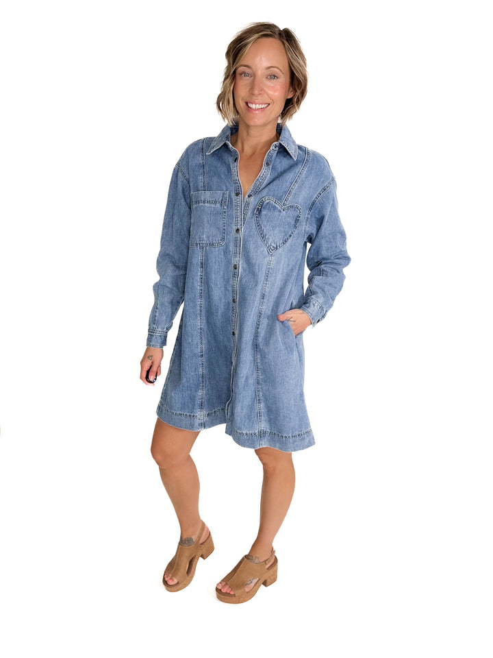 Fondness Denim Heart Pocket Shirt Dress-LIGHT DENIM-FINAL SALE