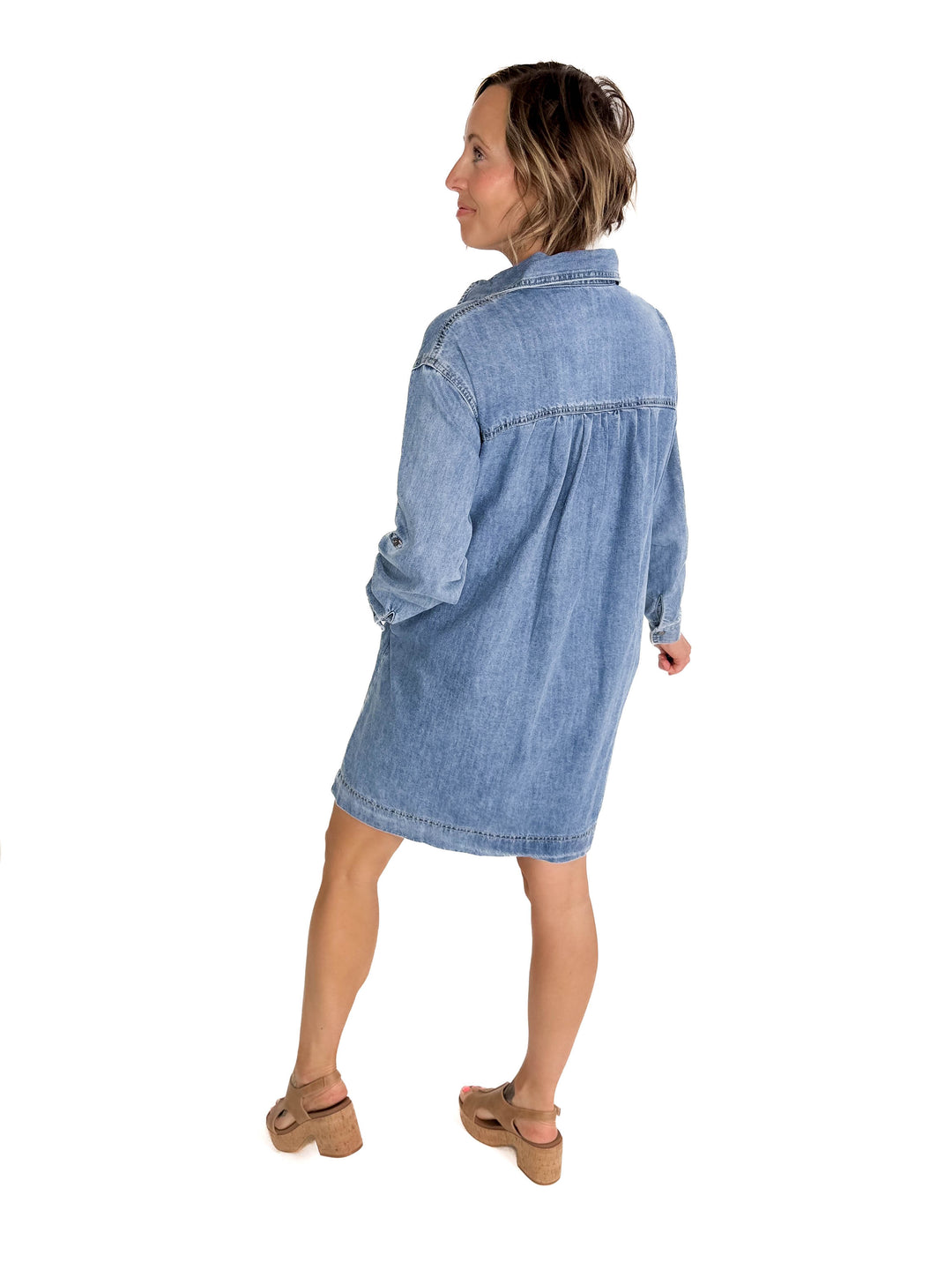 Fondness Denim Heart Pocket Shirt Dress-LIGHT DENIM-FINAL SALE