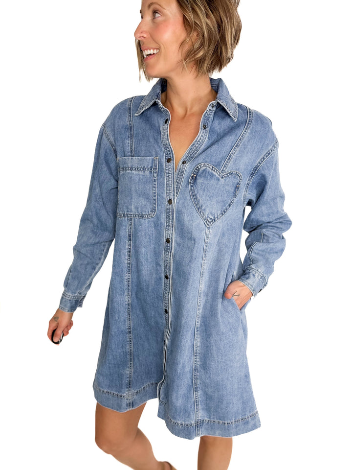 Fondness Denim Heart Pocket Shirt Dress-LIGHT DENIM-FINAL SALE