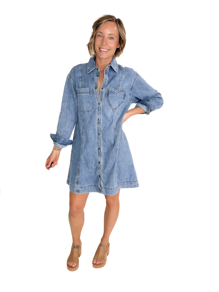 Fondness Denim Heart Pocket Shirt Dress-LIGHT DENIM-FINAL SALE