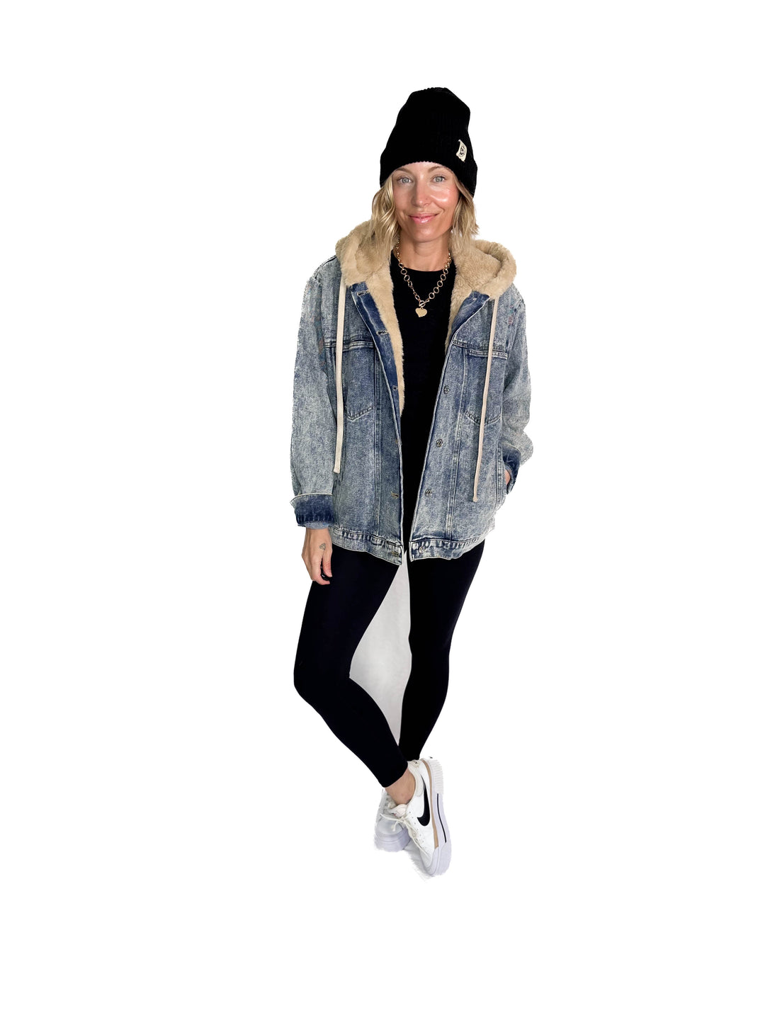 Vail Faux Fur Hooded Denim Jacket- LIGHT WASH