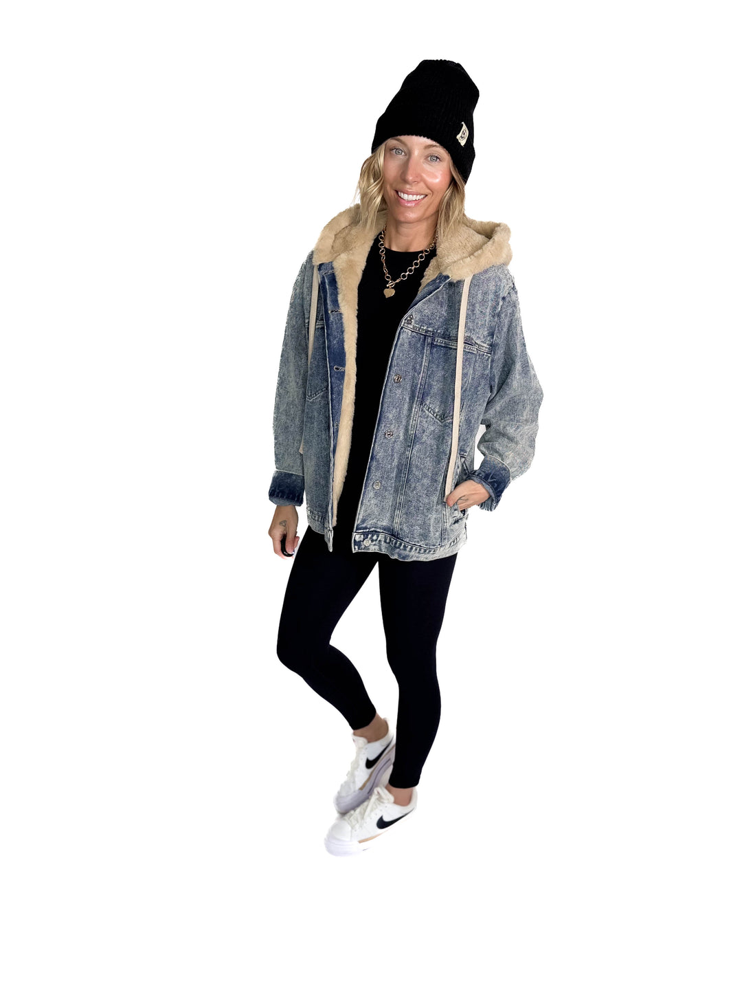 Vail Faux Fur Hooded Denim Jacket- LIGHT WASH