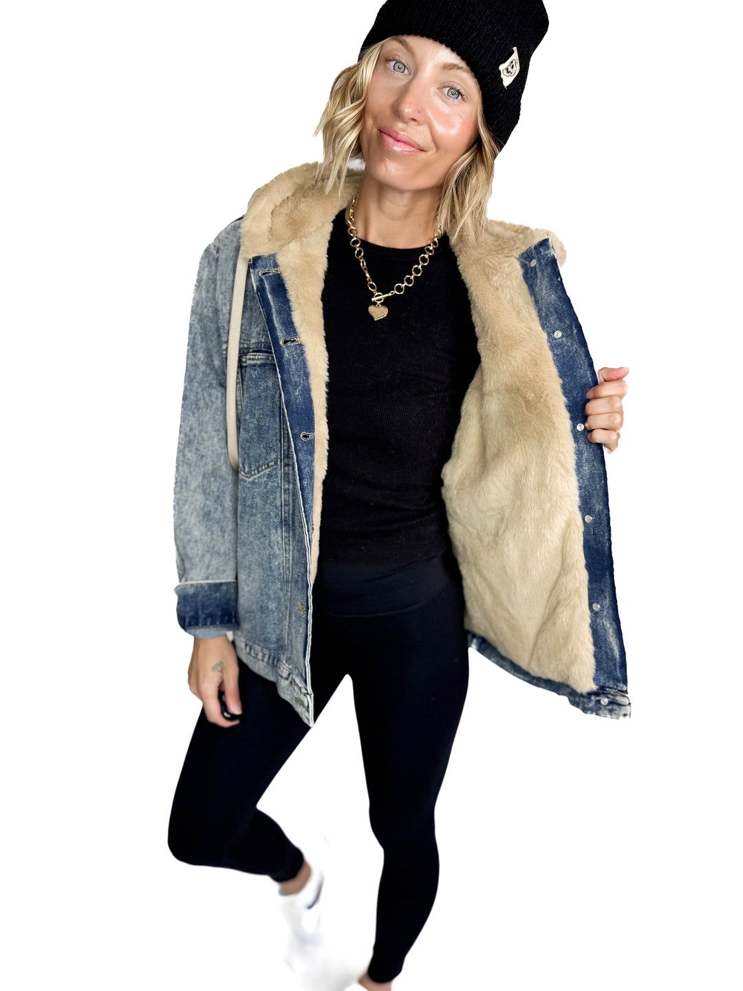 Vail Faux Fur Hooded Denim Jacket- LIGHT WASH