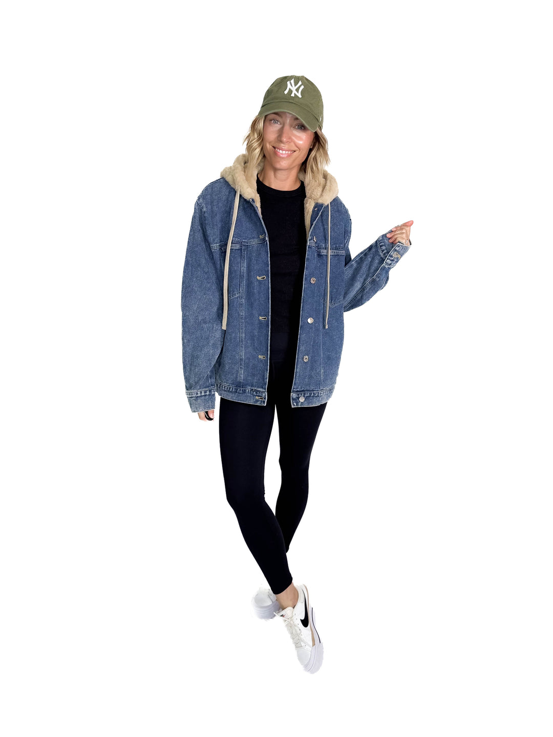 Vail Faux Fur Hooded Denim Jacket- MEDIUM WASH