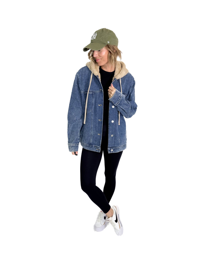 Vail Faux Fur Hooded Denim Jacket- MEDIUM WASH