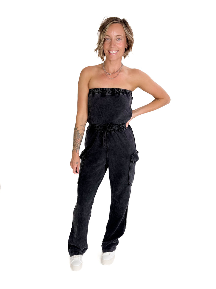 Shirley Washed Tube Top Jumpsuit- BLACK-FINAL SALE