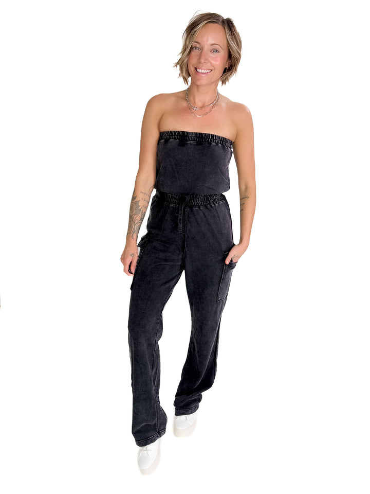 Shirley Washed Tube Top Jumpsuit- BLACK-FINAL SALE