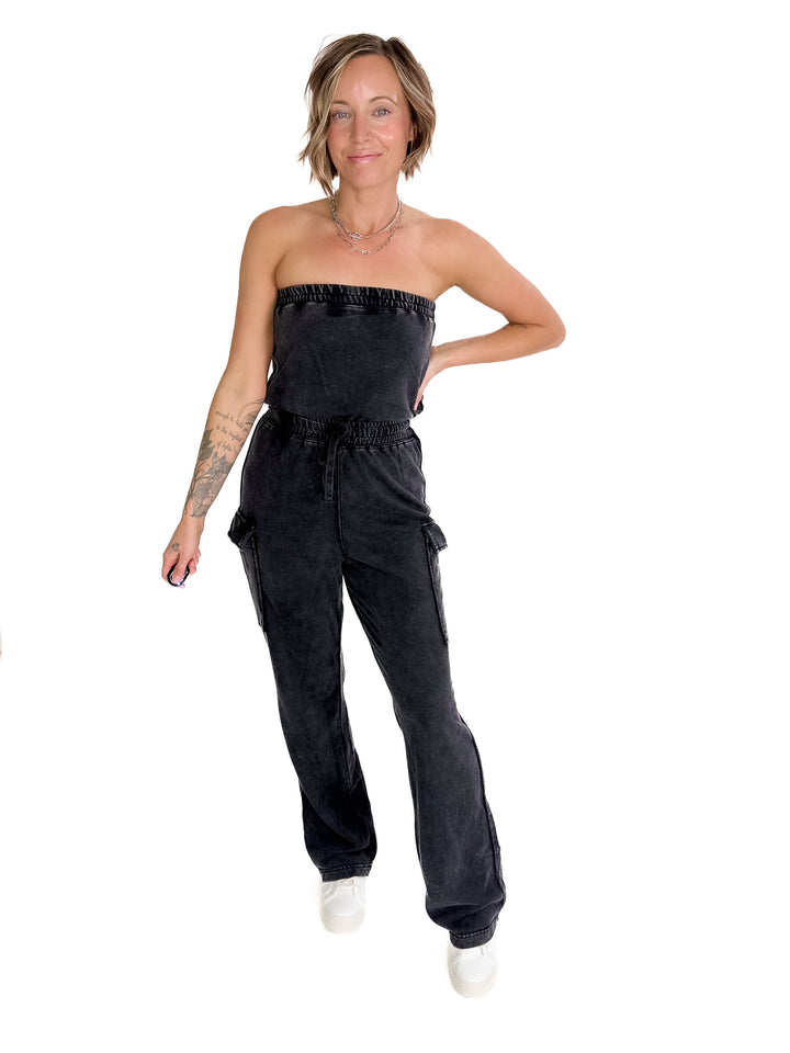 Shirley Washed Tube Top Jumpsuit- BLACK-FINAL SALE