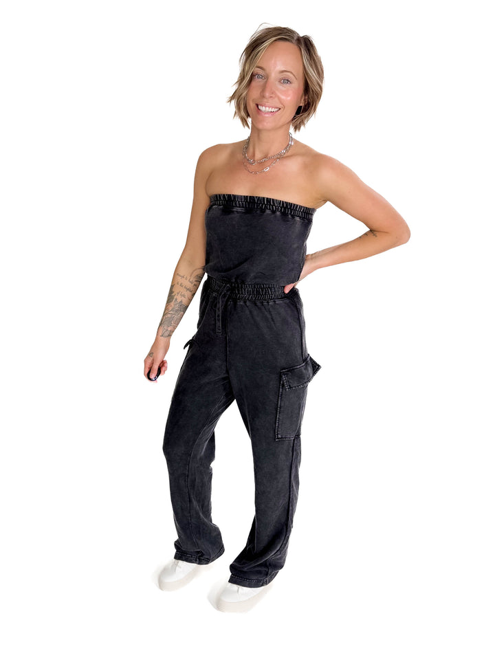 Shirley Washed Tube Top Jumpsuit- BLACK-FINAL SALE