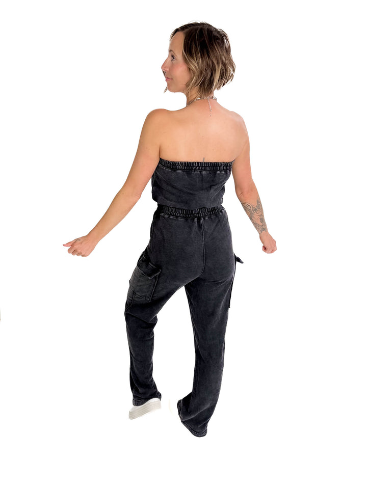 Shirley Washed Tube Top Jumpsuit- BLACK-FINAL SALE