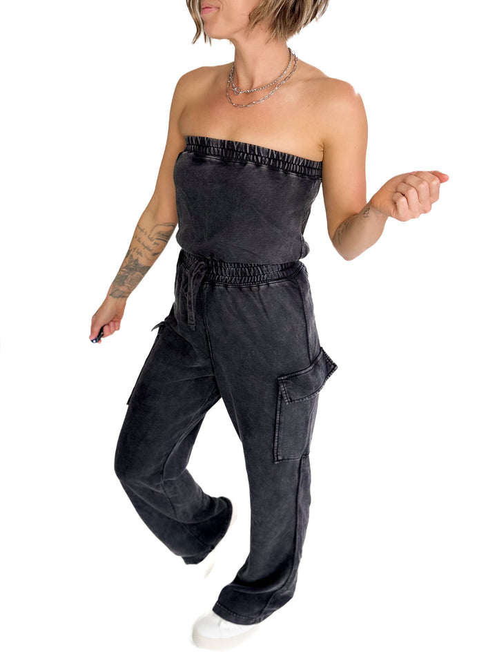 Shirley Washed Tube Top Jumpsuit- BLACK-FINAL SALE