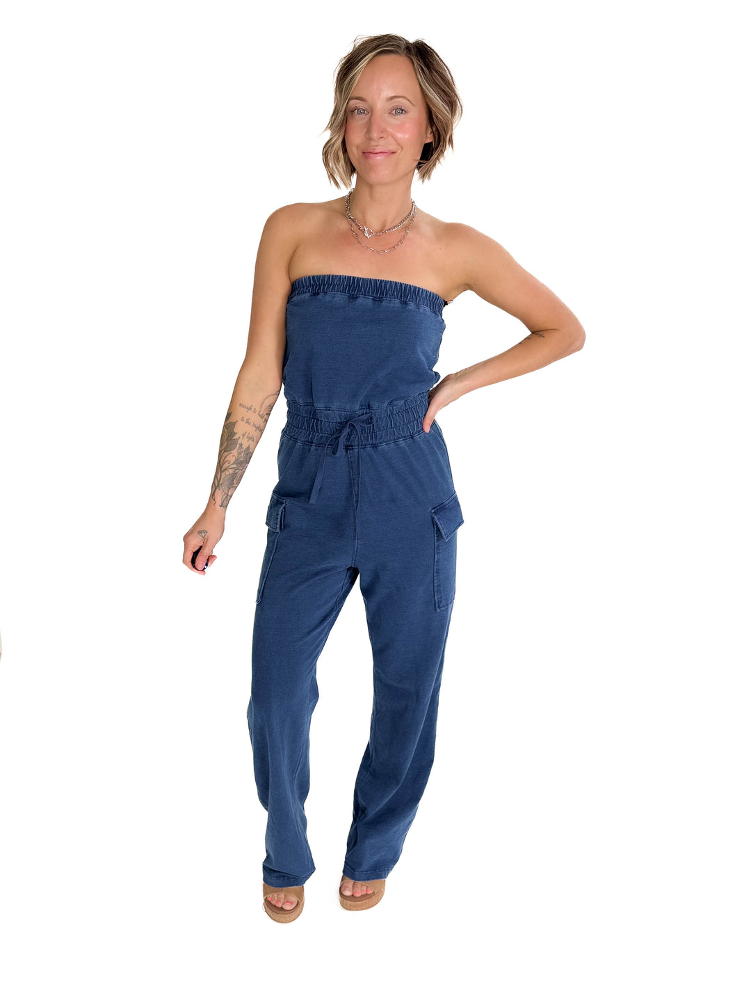 Luna Washed Strapless Banding Cargo Jumpsuit- MEDIUM BLUE-FINAL SALE