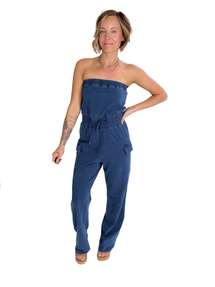 Luna Washed Strapless Banding Cargo Jumpsuit- MEDIUM BLUE-FINAL SALE