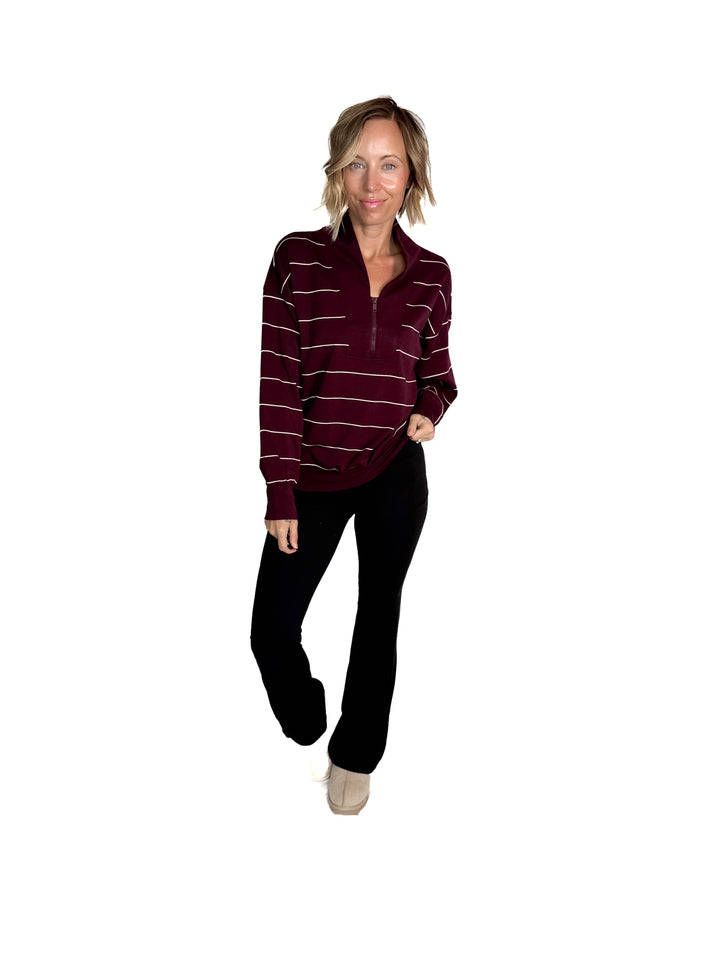 Nancy Modal 1/4 Zip Pullover- DARK CHERRY/CREAM