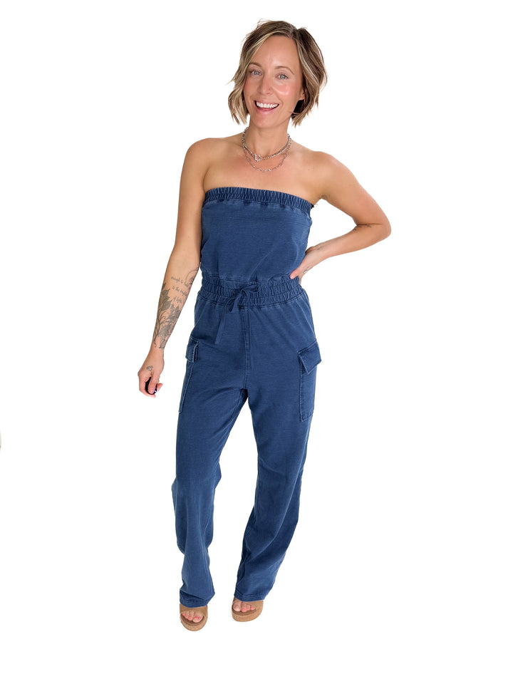 Luna Washed Strapless Banding Cargo Jumpsuit- MEDIUM BLUE-FINAL SALE