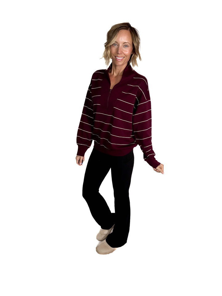 Nancy Modal 1/4 Zip Pullover- DARK CHERRY/CREAM