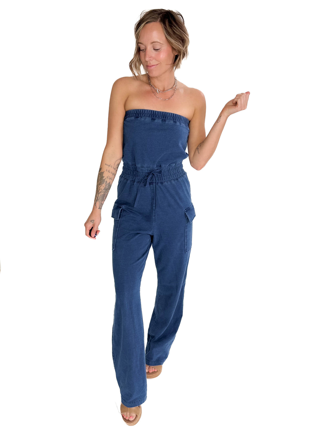 Luna Washed Strapless Banding Cargo Jumpsuit- MEDIUM BLUE-FINAL SALE