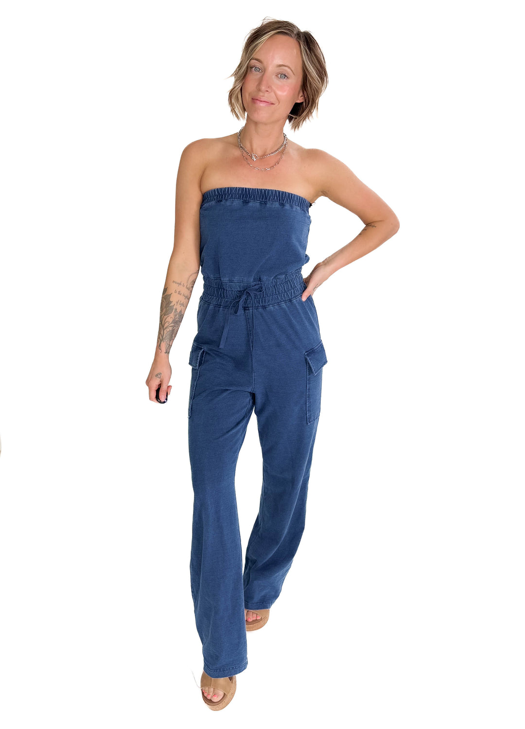 Luna Washed Strapless Banding Cargo Jumpsuit- MEDIUM BLUE-FINAL SALE