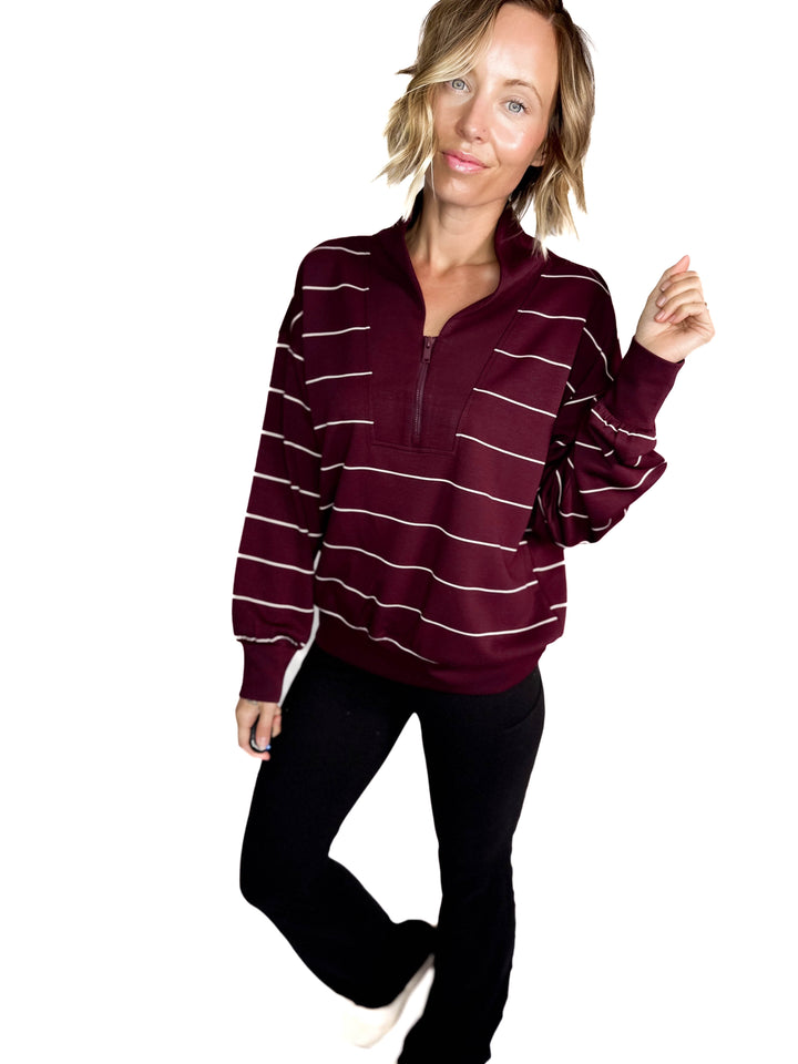 Nancy Modal 1/4 Zip Pullover- DARK CHERRY/CREAM