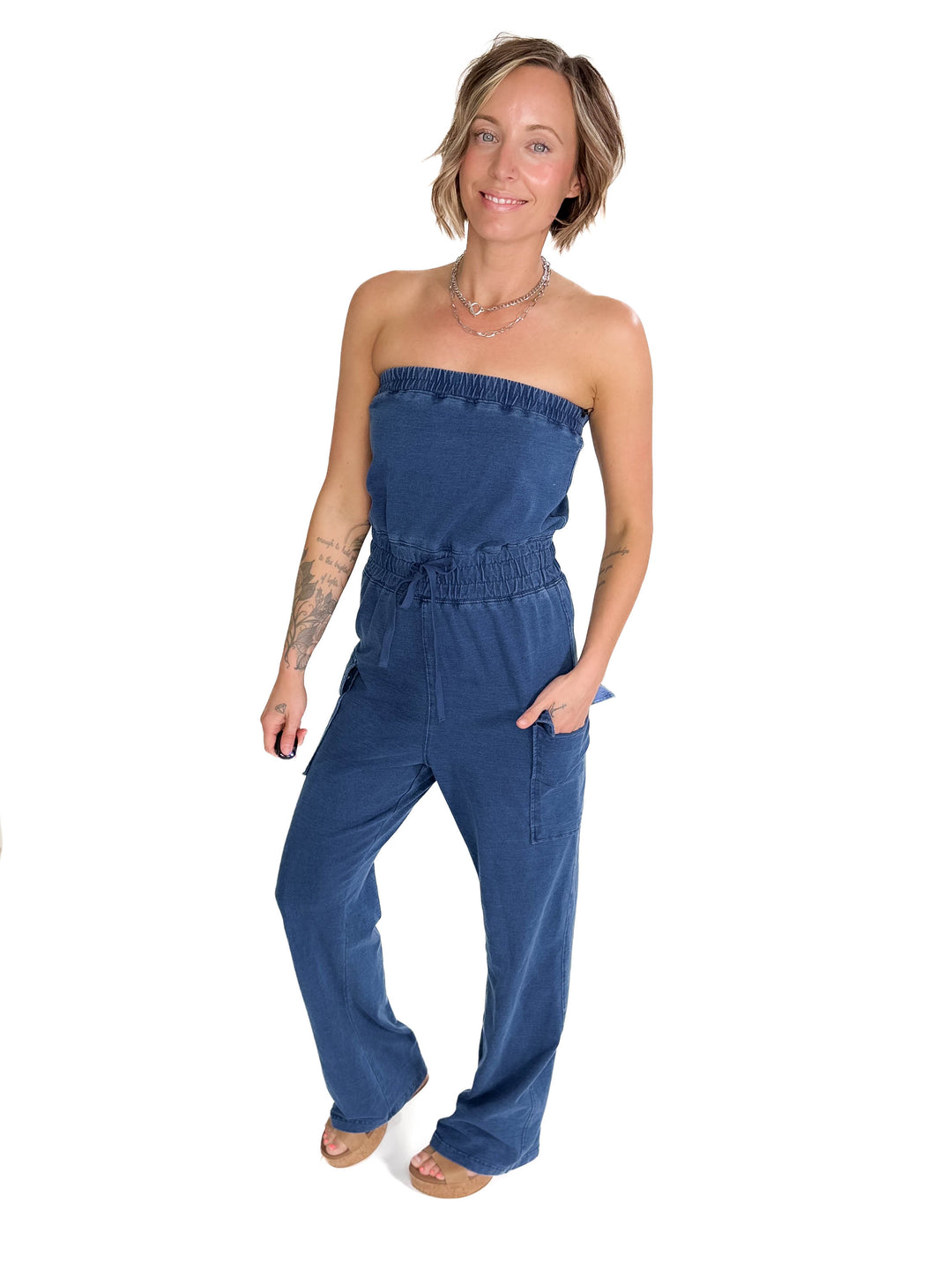 Luna Washed Strapless Banding Cargo Jumpsuit- MEDIUM BLUE-FINAL SALE