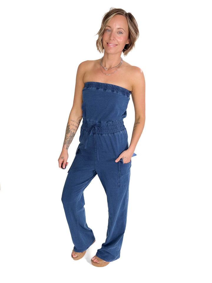Luna Washed Strapless Banding Cargo Jumpsuit- MEDIUM BLUE-FINAL SALE