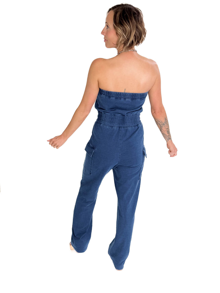Luna Washed Strapless Banding Cargo Jumpsuit- MEDIUM BLUE-FINAL SALE
