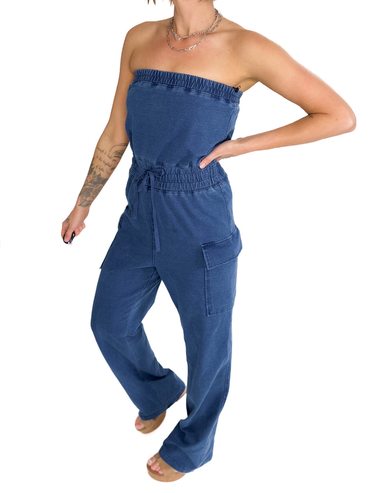 Luna Washed Strapless Banding Cargo Jumpsuit- MEDIUM BLUE-FINAL SALE