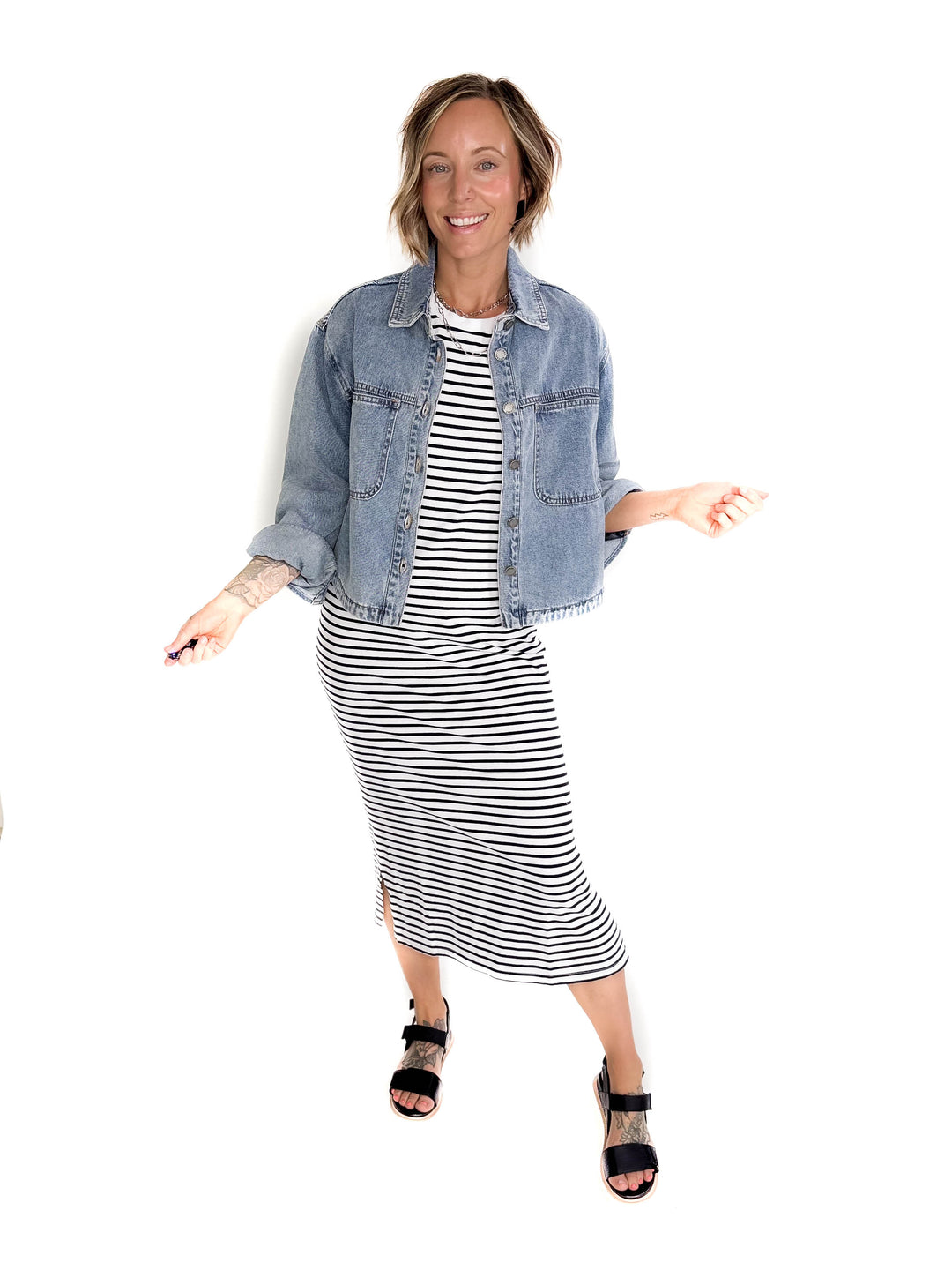 MONO B Ferdi Coastal Cotton Striped Tre Dress- WHITE/NAVY-FINAL SALE