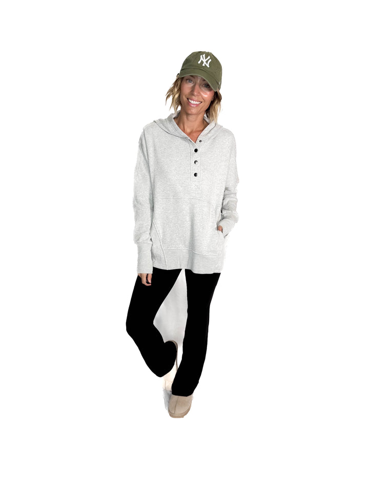 Farrah Fleece Half Button Hooded Sweatshirt- HEATHER GREY