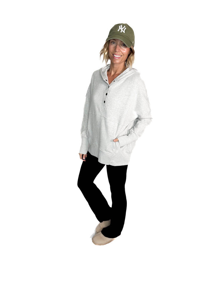 Farrah Fleece Half Button Hooded Sweatshirt- HEATHER GREY