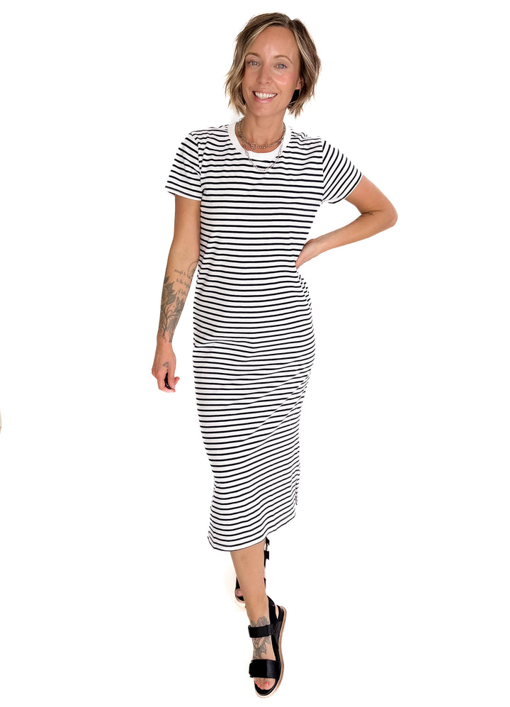 MONO B Ferdi Coastal Cotton Striped Tre Dress- WHITE/NAVY-FINAL SALE