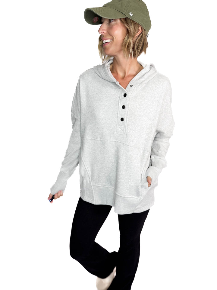 Farrah Fleece Half Button Hooded Sweatshirt- HEATHER GREY