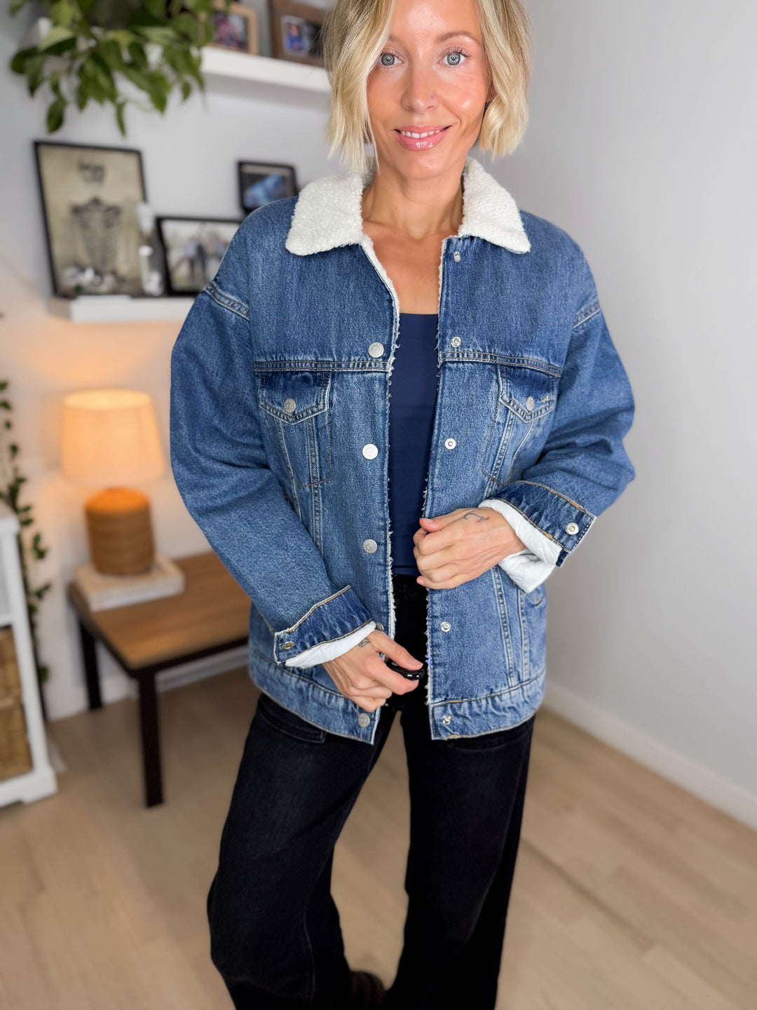 Only Haddy Vintage Teddy Lined Denim Jacket- MEDIUM BLUE