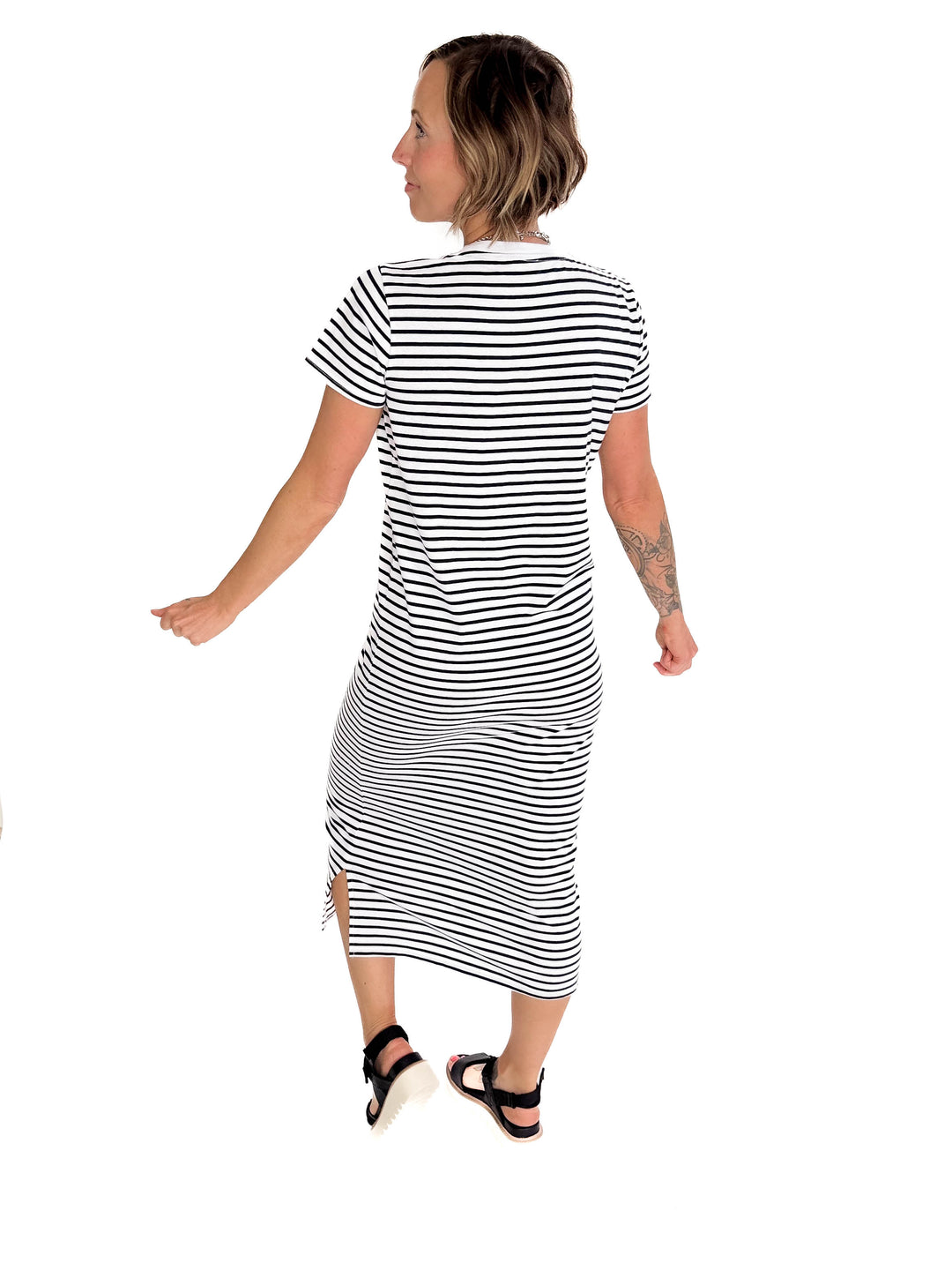 MONO B Ferdi Coastal Cotton Striped Tre Dress- WHITE/NAVY-FINAL SALE