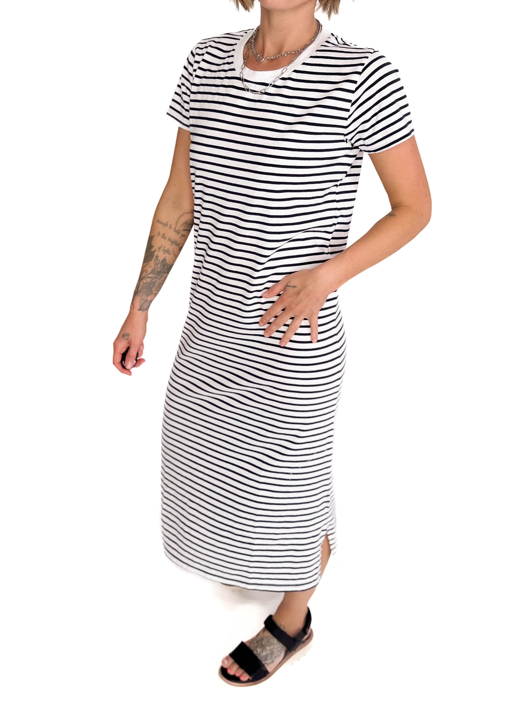 MONO B Ferdi Coastal Cotton Striped Tre Dress- WHITE/NAVY-FINAL SALE