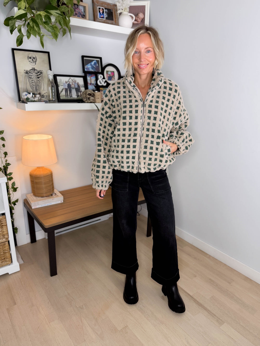 Hannah Checkered Fleece Jacket- TAUPE/GREEN