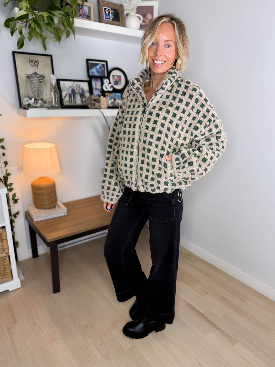 Hannah Checkered Fleece Jacket- TAUPE/GREEN