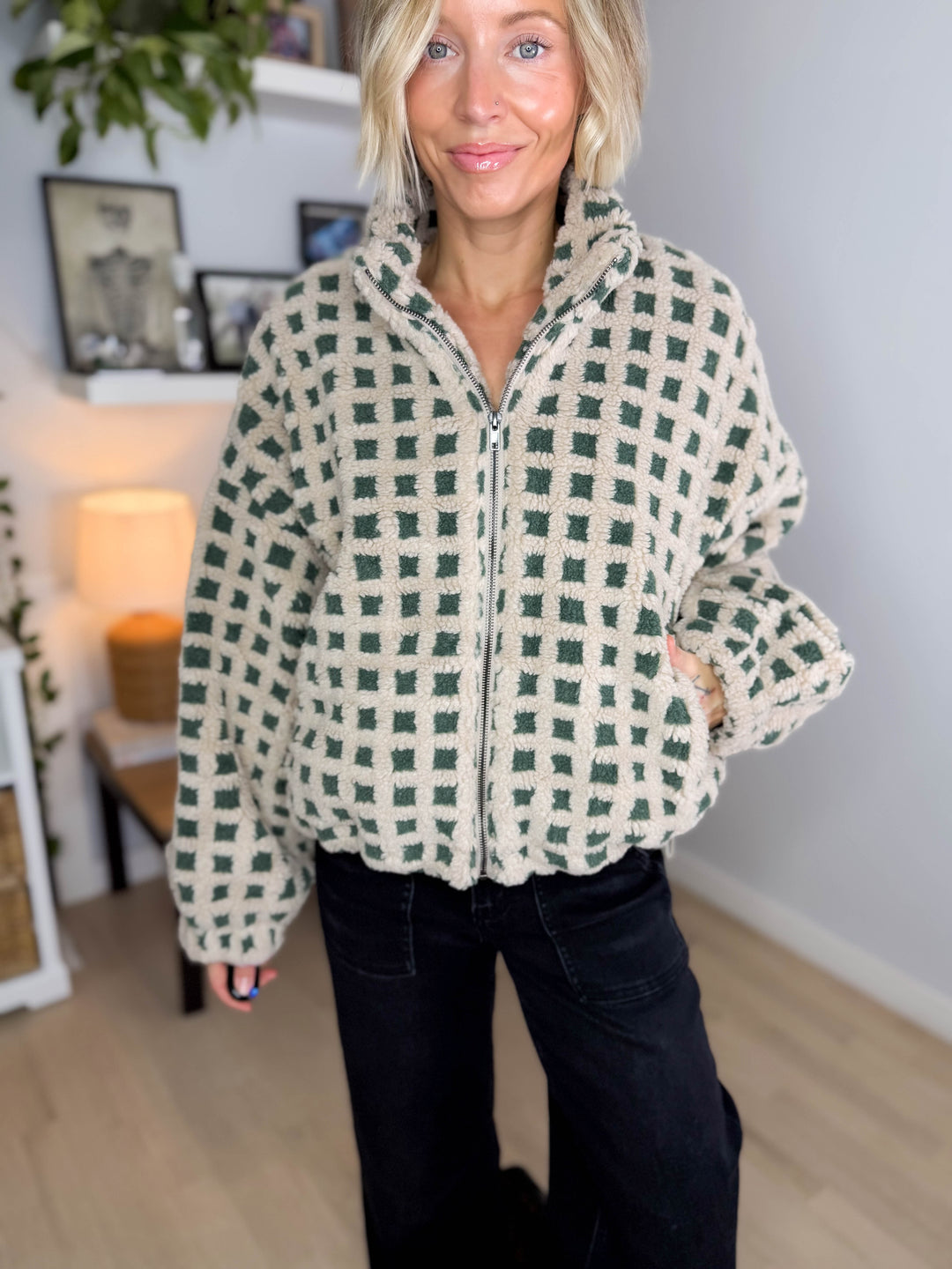 Hannah Checkered Fleece Jacket- TAUPE/GREEN