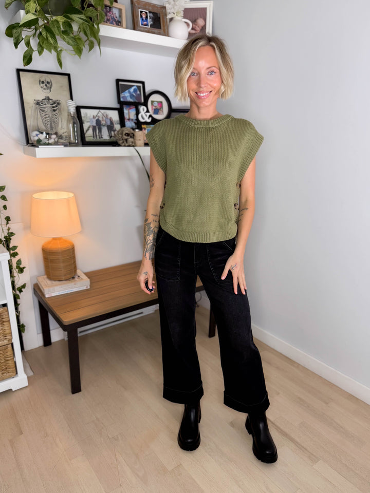 Athena Side Button Sweater Top- OLIVE