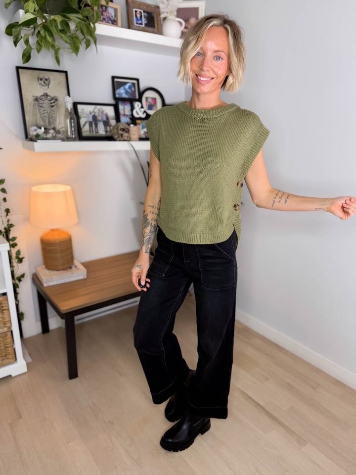 Athena Side Button Sweater Top- OLIVE